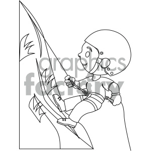 black and white coloring page boy climbing a mountain vector illustration