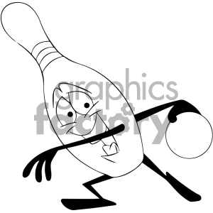black and white cartoon bowling pin mascot character