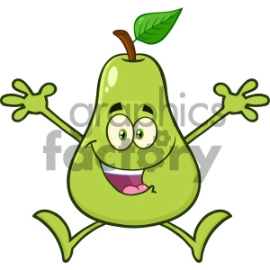 The image depicts a cheerful, anthropomorphic green pear with a large, friendly smile, wide eyes, and leaf on its stem. The pear character is standing and appears to be waving or gesturing with its arms and hands, which are drawn with four fingers. The character is also showcasing a playful and inviting demeanor.