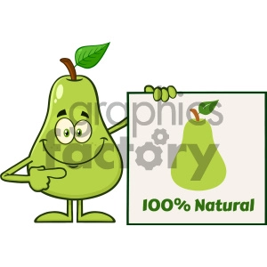 Smiling Green Pear Fruit With Leaf Cartoon Mascot Character Pointing To A Blank Sign