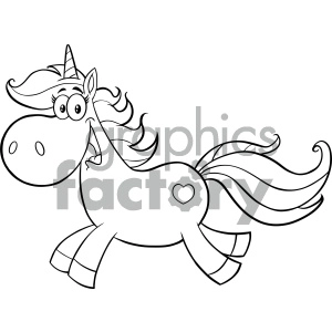 The image displays a cartoonish clipart of a unicorn. The unicorn has a playful expression, a spiral horn on its forehead, and is depicted with a flowing mane and tail. Its flank shows a heart symbol, presumably as a cutie mark.