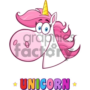 The image shows a cartoon-style illustration of a unicorn's head. The unicorn has a pink mane, a golden horn, and large expressive eyes. It also features a friendly, smiling face. Below the unicorn illustration, the word UNICORN is spelled out in colorful, bold letters with a star accent.