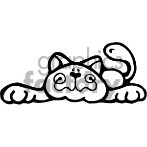 The image is a black and white clipart illustration of a cat. The cat appears to be lying down with its front paws stretched out and its eyes looking upwards, giving it a playful or relaxed expression.
