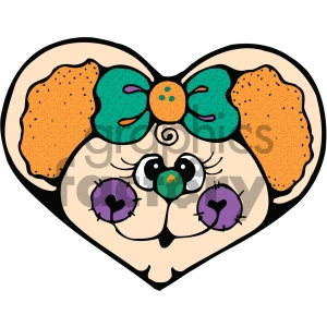 The clipart image depicts a stylized representation of a mouse's face creatively integrated into the shape of a heart. The mouse has large, purple circular eyes with small hearts as pupils, a tiny orange nose, and a swirled hair or whisker above its nose. Additionally, the mouse is wearing a big bow tie with a polka-dot pattern.