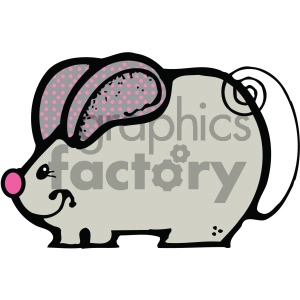 The clipart image depicts a stylized cartoon mouse. The mouse has a large ear with pink polka dot details, a cute facial expression with a small eye and a curved line for a mouth, a round pink nose, a long thin tail forming a loop, and a plump body. The colors are primarily grey, black, and pink.