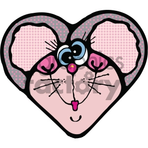 This clipart image features a stylized, cartoon-like depiction of a mouse designed within a heart shape. The mouse has large ears with a pink and black polka dot pattern, big blue eyes with long lashes, a pink nose, and whiskers. The background of the mouse's face includes a light pink checkered pattern.