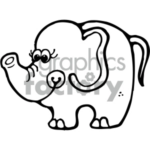 The image is a black and white clipart of a cartoon elephant. The elephant appears to be stylized with a cute and simple design, featuring prominent eyes and a friendly expression.