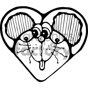 This is a black and white clipart image of a stylized mouse face shaped within a heart outline. The mouse features large ears with striped inner details, round eyes, a small nose, whiskers, and a mouth.