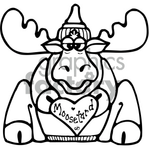 This clipart image features a cartoon moose with exaggerated antlers that have a heart shape on each side. The moose is wearing a party hat, has a content smile on its face, and its eyes are closed, which gives it a cheerful, affectionate expression. The moose is hugging a large heart, which has the text Moose-tard written on it, possibly a play on words combining moose and mustard or a term of endearment similar to sweetheart in the context of Valentine's Day.