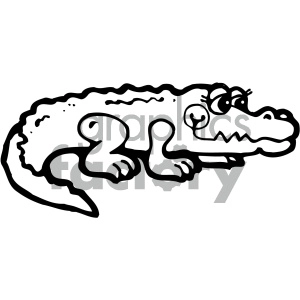 The clipart image shows a black and white cartoon illustration of a alligator. The image is in vector format, which means it can be scaled up or down without losing quality.
