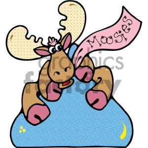 This clipart image features a cartoon-style drawing of a moose. The moose appears to be in a joyful mood, with hearts surrounding it, possibly indicating love or affection. It has large antlers and is wearing what looks like a blue shirt or covering. Its hooves are colored pink, and it has a bright red collar around its neck. The moose is puckering up for a kiss, and there is a pink scarf or banner flung around its neck with the word MOOSE written on it accompanied by flying kiss marks. Given the hearts and the kiss marks, this image suggests a Valentine's Day or love theme associated with the animal.