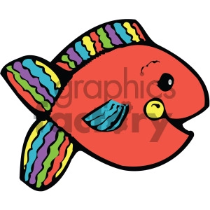 The image shows a stylized clipart of a red fish with multicolored fins and a yellow and black eye. The fish's body is predominantly red, with a blue detail on its fin, and it has a simple and friendly appearance, typical of illustrations made for children or educational purposes.