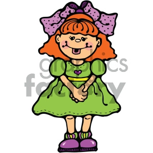 small cartoon girl wearing green dress vector art