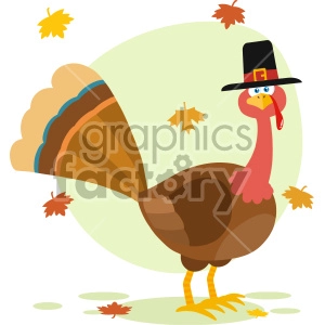 Thanksgiving Turkey Bird With Pilgrim Hat Cartoon Character Vector Illustration Flat Design Isolated On no Background With Autumn Leaves And Speech Bubble