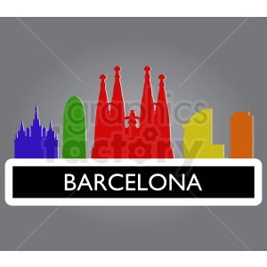 This clipart image features colorful silhouettes of iconic landmarks of Barcelona, including the Sagrada Familia, Torre Agbar, and other notable buildings. The word 'Barcelona' is prominently displayed at the bottom.