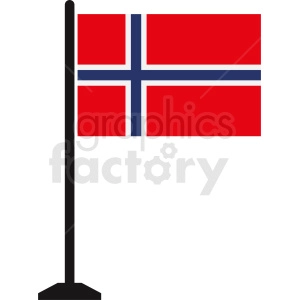 The image is a clipart representation of the flag of Norway. It shows a red flag with a blue cross outlined in white, which is the national flag of Norway, mounted on a black flagpole with a stand at the bottom.