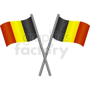 The image shows two Belgian flags crossed over each other. Each flag has three vertical stripes; the colors from left to right are black, yellow, and red. The flags are attached to grey flagpoles and appear to be waving slightly, suggesting movement or a breeze.