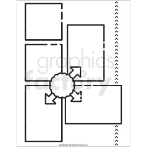 This clipart image depicts a diagram consisting of four rectangles connected to a central circle by arrows. The rectangles are positioned around the circle: two on the left, one on the top right, and one on the bottom right. Arrows point from the circle to each rectangle. There is also a vertical pattern of small arrows on the right-hand side.