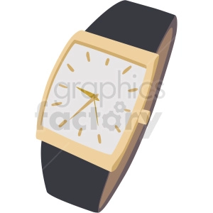 Clipart image of a wristwatch with a golden case and black strap, featuring a white dial and golden hour markers and hands.