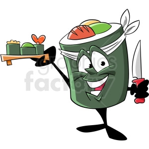 A cartoon sushi character holding a tray of sushi rolls and a knife. The character is wearing a headband and is smiling.