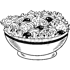 The clipart image depicts a black and white vector illustration of a salad. The salad consists of various leafy greens, including lettuce and spinach, as well as sliced tomatoes, cucumbers, and carrots. The image is presented in a simple, stylized design that emphasizes the shapes and textures of the ingredients.
