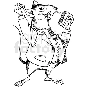This clipart image depicts a stylized anthropomorphic rat standing on its hind legs, dressed in what appears to be a suit with a tie. The rat is depicted with a victory or satisfied gesture of one fist raised in the air, while it holds and bites into a piece of cake with the other hand. 