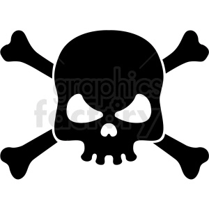 The clipart image shows a black and white skull with two crossed bones underneath it, forming the classic pirate symbol known as the Jolly Roger. This symbol is often associated with pirates and can also be seen in tattoos.
