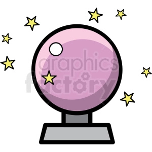 A clipart image of a crystal ball with a pink hue, surrounded by several yellow stars. The crystal ball is placed on a gray stand.