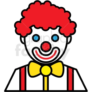 A colorful clipart image of a clown with red curly hair, a red nose, and a big smile. The clown is wearing a yellow bow tie and red suspenders.