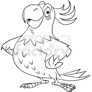 Clipart of a cartoon parrot standing upright with wings on hips, outlined in black and white.