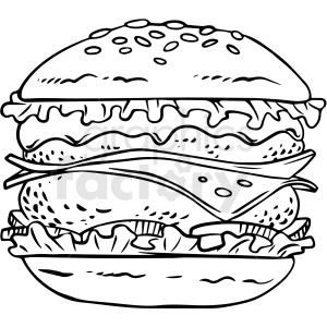 The clipart image shows a black and white illustration of a cheeseburger, which is a type of sandwich consisting of a beef patty topped with cheese, lettuce, tomatoes, onions, and other condiments, all served between two buns. The burger is depicted in a simplified, cartoonish style, with bold outlines and no shading or color.
