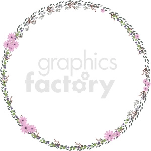 A circular floral frame made of pink flowers, green leaves, and small branches on a white background.
