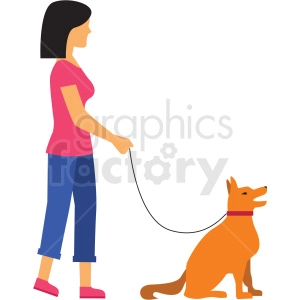 The clipart image depicts a cartoon style illustration of a woman walking a Labrador dog on a leash. The woman appears to be in the midst of training the dog as she is holding a treat in her hand, and the dog is sitting attentively next to her. They are depicted outdoors, with trees and grass visible in the background.
