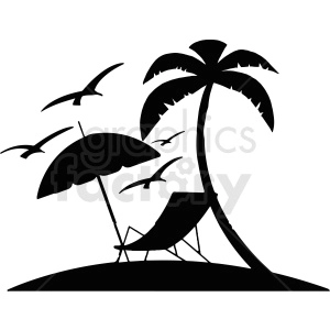 The clipart image shows a black and white silhouette of an island with a palm tree and a lounge chair. The palm tree is depicted as a tall vertical shape with several fronds at the top, while the lounge chair is shown as a simple rectangle with a curved backrest and two legs. The island is represented as a curved shape with a few small waves at the base, suggesting it is surrounded by water.
