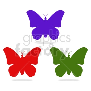The clipart image features three stylized butterflies. Each butterfly is depicted in a simple, flat graphic style with a different color: purple on the top, red on the bottom left, and green on the bottom right. Each butterfly has shadowing beneath it, suggesting they are hovering or positioned above a surface.