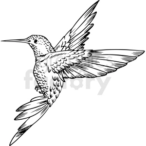 The clipart image shows a black and white hummingbird design that can be used as a vector graphic for various purposes, such as a tattoo design or an embellishment on other graphics. The image depicts a stylized hummingbird with long wings and a curved beak, hovering in the air.