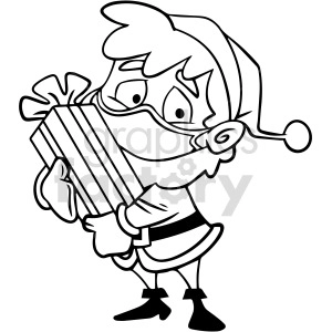 black and white Santa child holding a present vector clipart