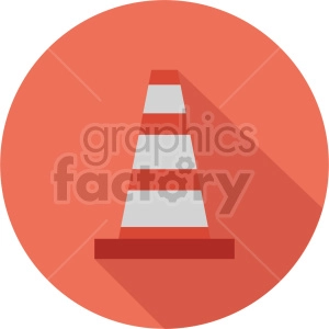 A flat design clipart image of an orange and white traffic cone within an orange circle background.