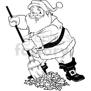 A black-and-white clipart image of Santa Claus sweeping up leaves or debris with a broom, dressed in his traditional outfit.