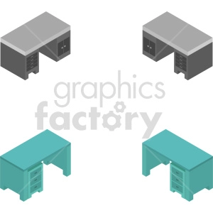 Isometric Office Desks : Gray and Teal Desks with Drawers