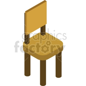 Isometric illustration of a simple wooden chair with a brown seat and backrest.