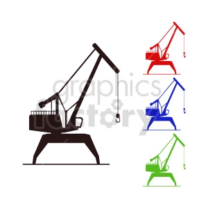 This clipart image features silhouettes of industrial cranes in four different colors: black, red, blue, and green. The cranes are depicted with hooks attached to long booms, suitable for port or construction settings.