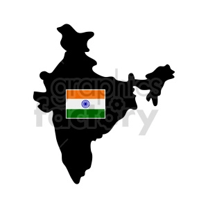 This image displays a black silhouette of the map of India with the national flag of India superimposed over the central part of the country. The flag consists of three horizontal stripes in saffron (top), white (middle), and green (bottom), with a navy blue 24-spoke wheel, the Ashoka Chakra, in the center of the white stripe.