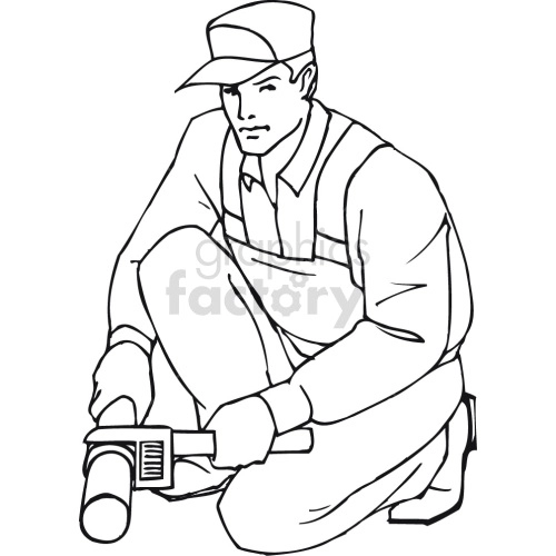 plumber working with pipe wrench black white