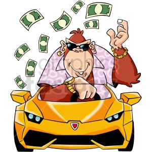 The clipart image shows a cartoon ape sitting in a Lamborghini car, suggesting the idea of a wealthy or rich animal.
