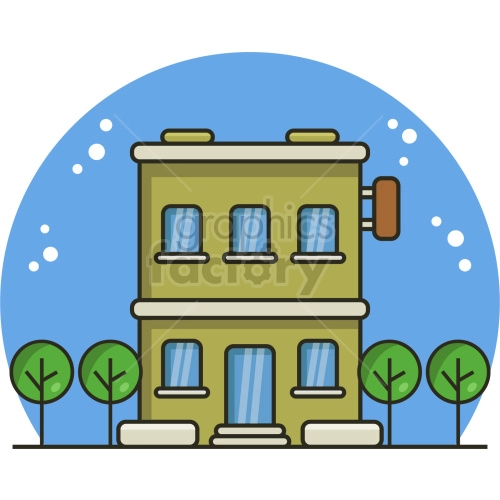 A clipart image of a two-story building with rectangular windows and a greenish exterior. The building is surrounded by trees and is set against a blue circular background with white bubbles.