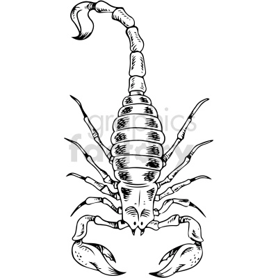 The clipart image depicts a black and white design of a scorpion that could be used as a tattoo. The scorpion is shown in profile with its tail raised and its claws extended forward. The overall image has a tribal or abstract style to it.
