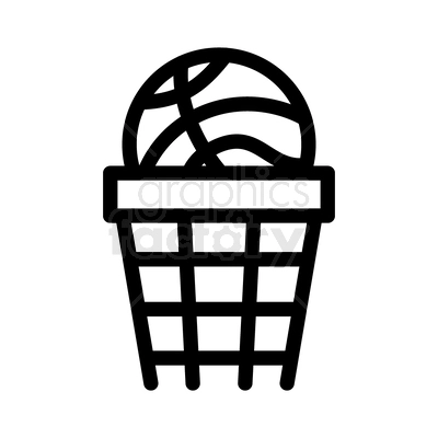 This clipart image shows a basketball above a basketball hoop, rendered in a simple, black and white line art style.