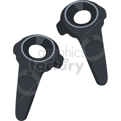Clipart image of two black virtual reality controllers with circular touchpads and buttons.