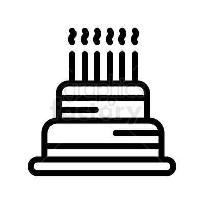 A black and white clipart image of a birthday cake with ten candles on top, symbolizing a celebration or birthday.